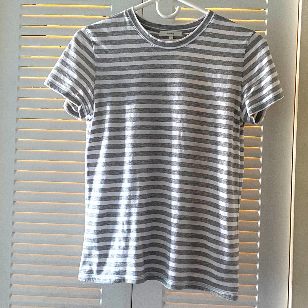 Vince Pima Cotton Crew Neck Grey White Striped T-Shirt Size S Scoop Neck